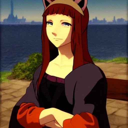 Prompt: anime girl with cat ears in the style of mona lisa, anime art, digital art, by makoto shinkai, by studio ghibli