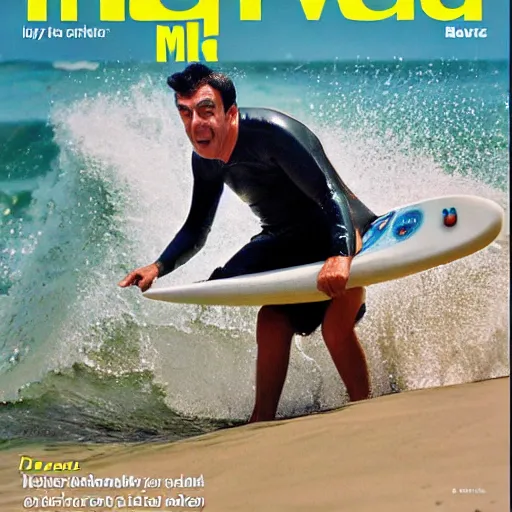 Image similar to mr bean catching a wave, cover of surfer magazine, july 2 0 1 1