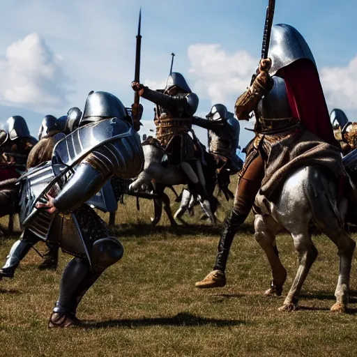 Image similar to film-still shot of a medieval battle, XF IQ4, f/1.4, ISO 200, 1/160s, 8K, Sense of Depth, color and contrast corrected, Nvidia AI, Dolby Vision, in-frame