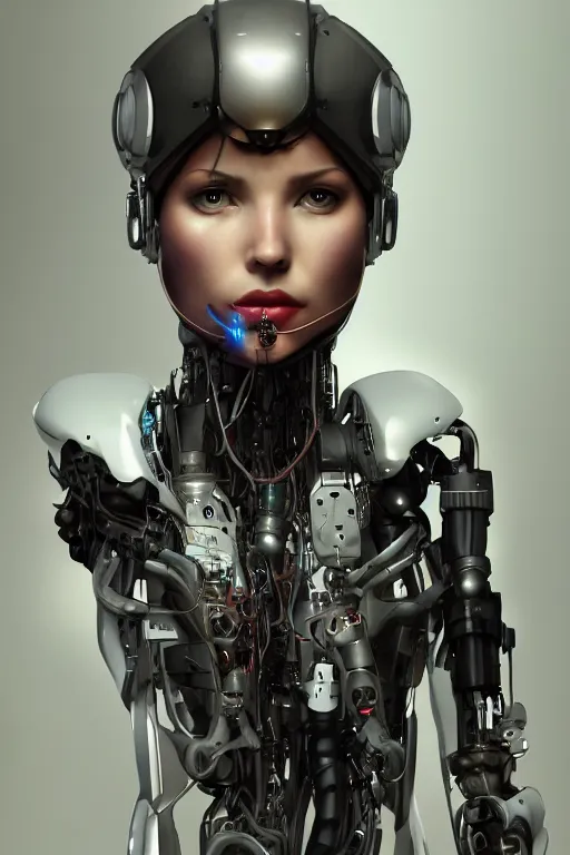 Prompt: A cyborg girl with a beautiful face, wires and mechanisms are visible from under the skin, in some places the mechanisms stick out from the body, full-length view, artstation featured