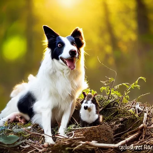 Image similar to a border collie protecting a fledgling in a nest in a forest, beautiful, golden hour, impressionist