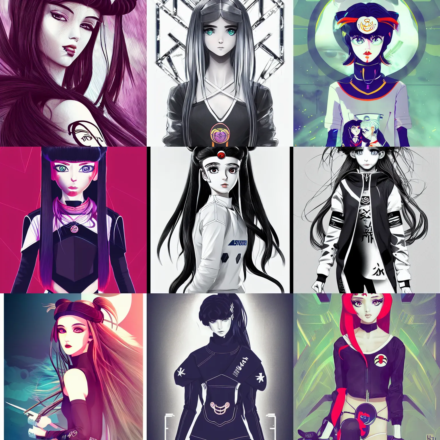 Prompt: poster woman with futuristic streetwear and long hair, monochromatic, pretty face, intricate eyes, elegant, Anime by Roset Conrad Sailor Moon Kuvshinov Ilya 4k, HDR, Graphic Design, Behance Trending on artstation, award winning