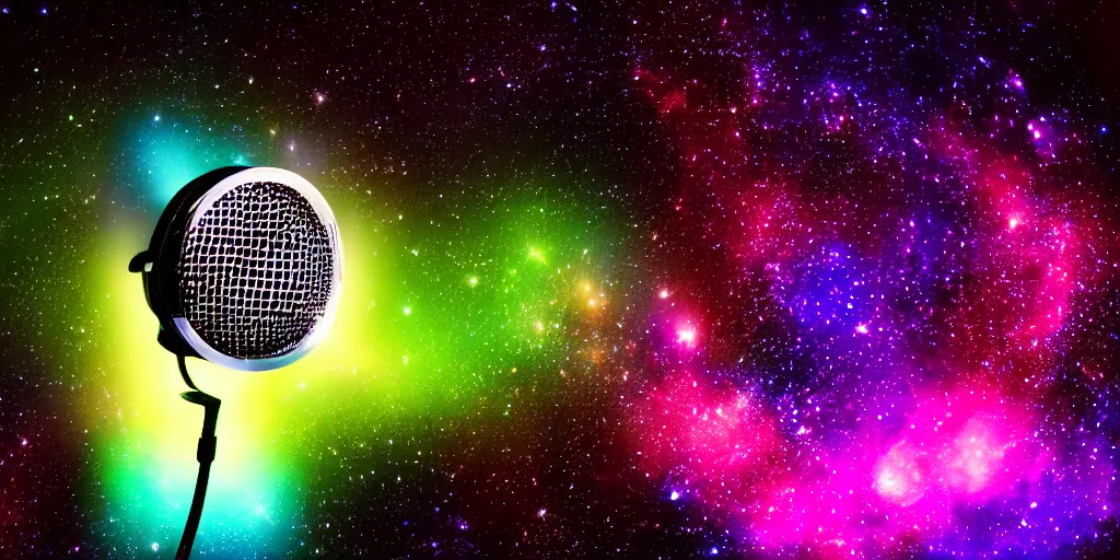 Prompt: Microphone, space, galaxy, glow, neon, closeup,