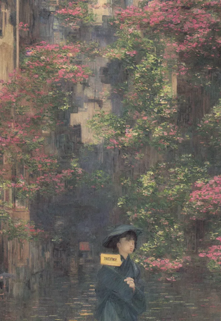 Image similar to a beautiful japanese city near the sea, ryokans and edo era houses, cyberpunk, lofi vibe, colorful, oil painting in impressionist style, by jeremy lipkin, by claude monet, by makoto shinkai, multiple brush strokes, inspired by ghibli, masterpiece, beautiful