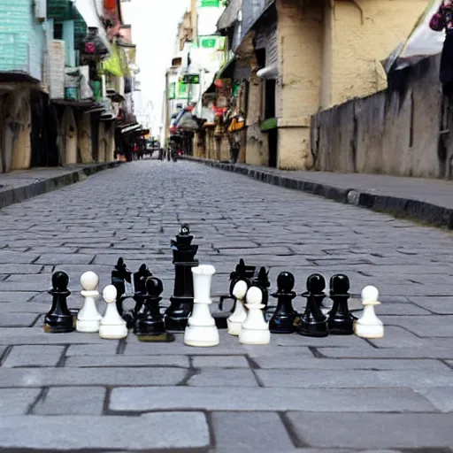 Image similar to street of the city of chess where everyone wears black or white cloth with chess piece like hats