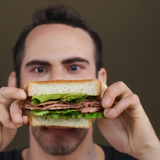 Image similar to A man eating a sandwich, close-up imagery, photorealistic, fisheye lens, trending on artstation, 4k, 8k