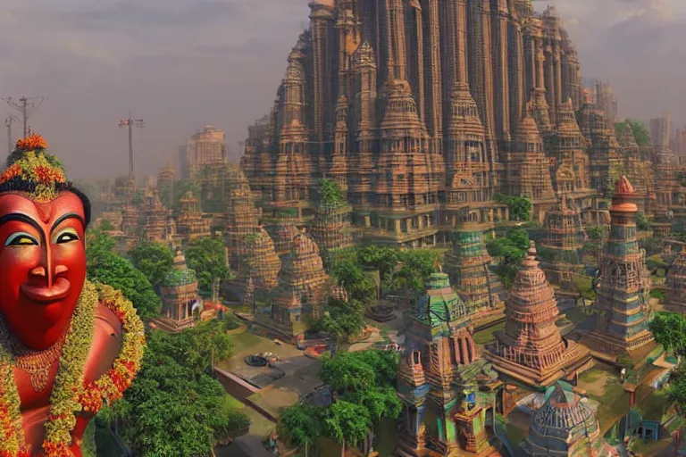 Image similar to high quality 3 d dreamscape! mumbai with biomorphic hanuman head building, kalighat highly detailed, unreal engine cinematic smooth, stephen shore & john j. park, soft morning light, wide shot, high angle, uhd 8 k, deep focus