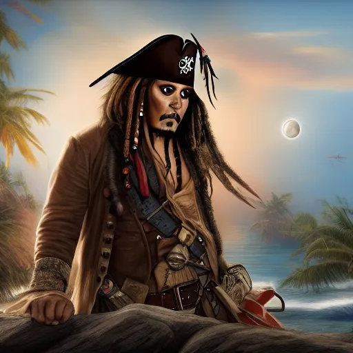 Prompt: Captain Jack Sparrow is looking all over an island for his rum, where is his rum, why is the rum gone, the moon is rising on the horizon, stars glistening in the night, hyperdetailed, artstation, cgsociety, 8k