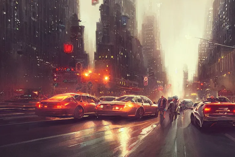 Prompt: beautiful matte painting traffic jam on the streets of neo new york in evening by greg rutkowski, 4 k, extreme details