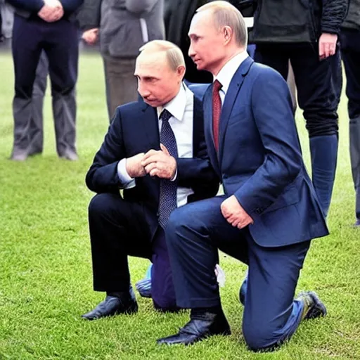 Prompt: Vladimir Putin kneeling before a man in a wild furry costume