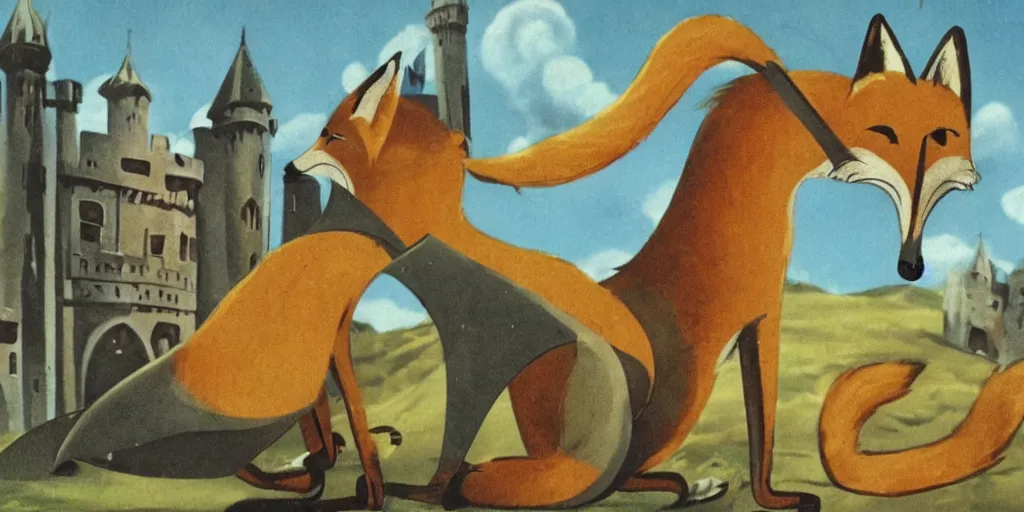 Prompt: anthropomorphic fox who is a medieval knight in front of a castle 1 9 3 0 s film still, ladislas starevich