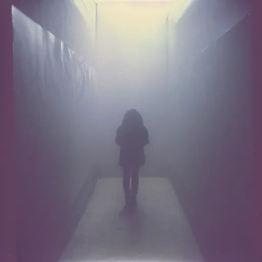 Image similar to you are lost in the backrooms, ghost, polaroid, laminal space, foggy