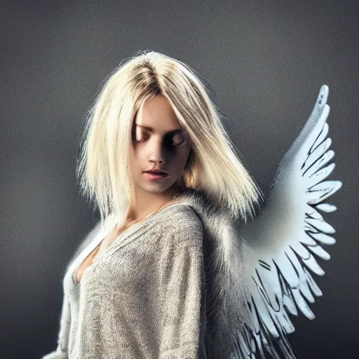 Image similar to very pretty blond female angel with wings, shallow depth of field, moody lighting, 8 k, concept art, wide angle,