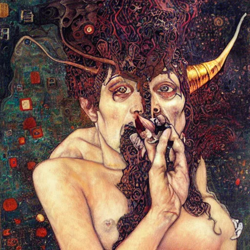 Image similar to incubus with horns smoking a cigar, klimt, royo, miro, frazetta, whealan