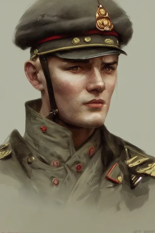Image similar to A full portrait of a russian world war two soldier, intricate, elegant, highly detailed, digital painting, artstation, concept art, smooth, sharp focus, illustration, art by Krenz Cushart and Artem Demura and alphonse mucha