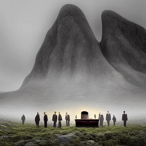 Prompt: A beautiful art installation of a coffin being carried by six men through an ethereal, otherworldly landscape. The coffin is adorned with a relief of a skull and crossbones, and the men are all wearing hooded cloaks. The landscape is eerie and foreboding, with jagged rocks and eerie, glowing plants. slow shutter speed by Jeffrey Smith haunting