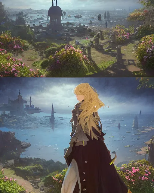 Image similar to over the shoulder landscape painting of violet evergarden, behind her is a distant old european city leiden from violet evergarden next to the reflecting ocean, ocean, sunshine, by Philipp A. Urlich and Pengzhen Zhang and Andreas Rocha and WLOP and Rossdraws, fantasy, intricate, elegant, highly detailed, digital painting, trending on artstation, blender, unreal engine 5, octane render, smooth, sharp focus, illustration