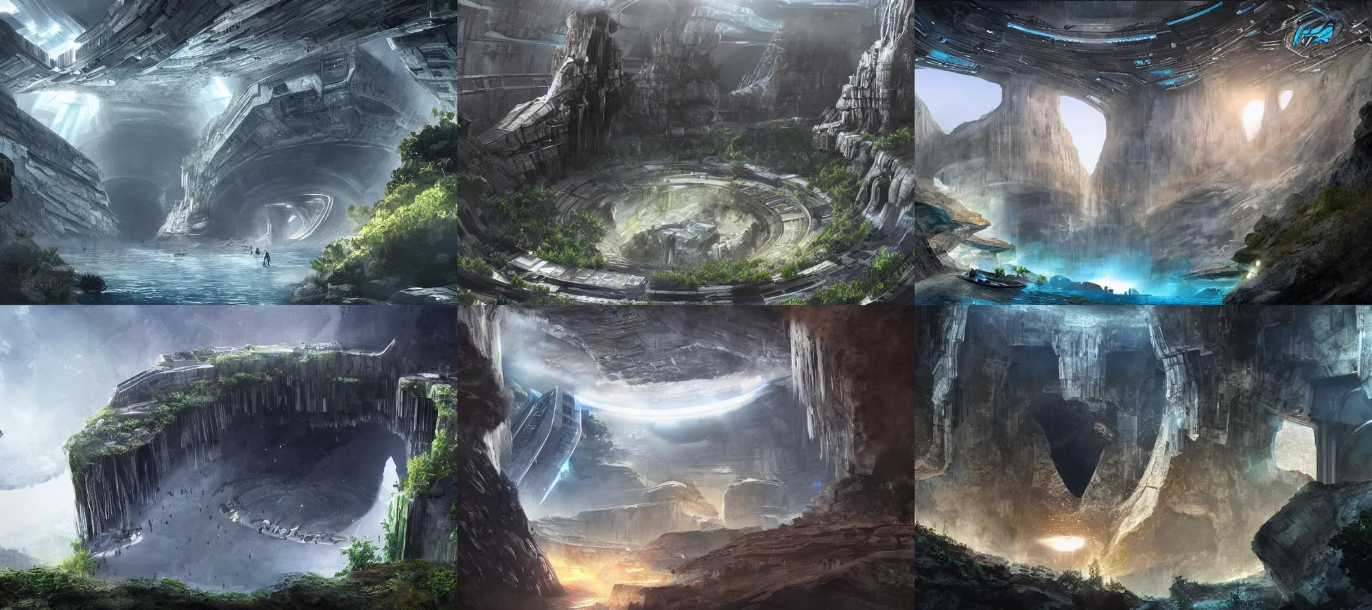 Prompt: a massive cenote hole in the ground, hundreds of large futuristic modern halo, mass effect, star wars futuristic buildings built on and around the cliff wall, large central tower in the middle, mattepainting, concept art, future architecture