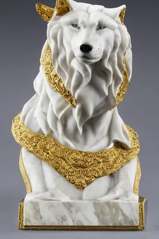 Image similar to a white marble bust of a wolf with gold filigree