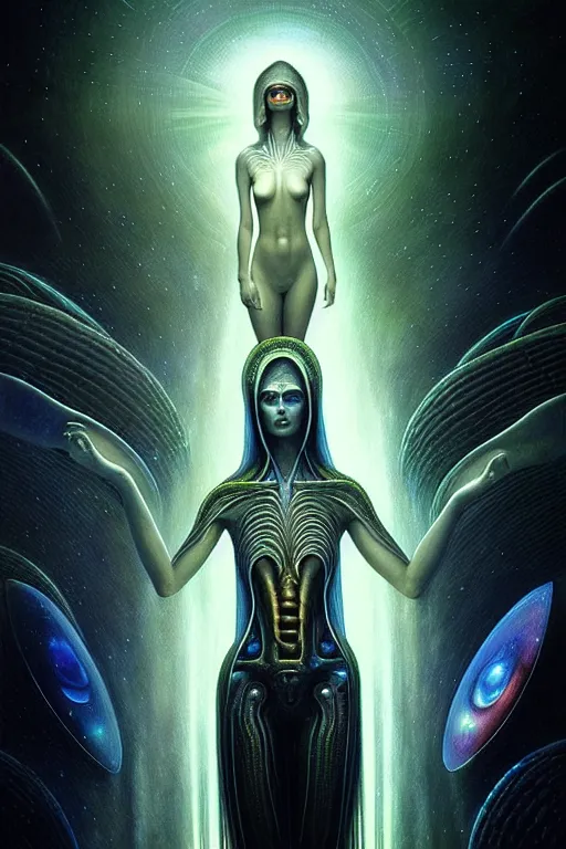 Image similar to an extremely detailed masterpiece painting of a beautiful pleiadian extraterrestrial female, spaceship technology in background, in the style of tom bagshaw and h. r. giger, digital art, epic scene, extremely moody lighting, glowing light and shadow, atmospheric, shadowy