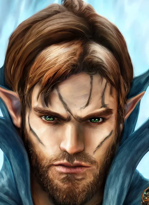 Image similar to A fantasy comic book style portrait painting of sad half elf ranger, shaggy brown hair, scruffy beard, scar on face, blue tunic, unreal 5, DAZ, hyperrealistic, octane render, cosplay, RPG portrait, dynamic lighting