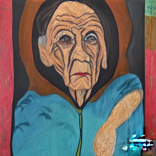 Image similar to painting of a wrinkled old woman, appalachian folk art