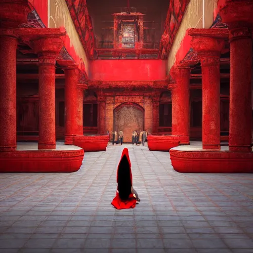 Prompt: praying nun in red clothes staying in the middle of abandoned huge temple, matte painting, hyper realistic render, cryengine, unreal engine, cyberpunk 2077