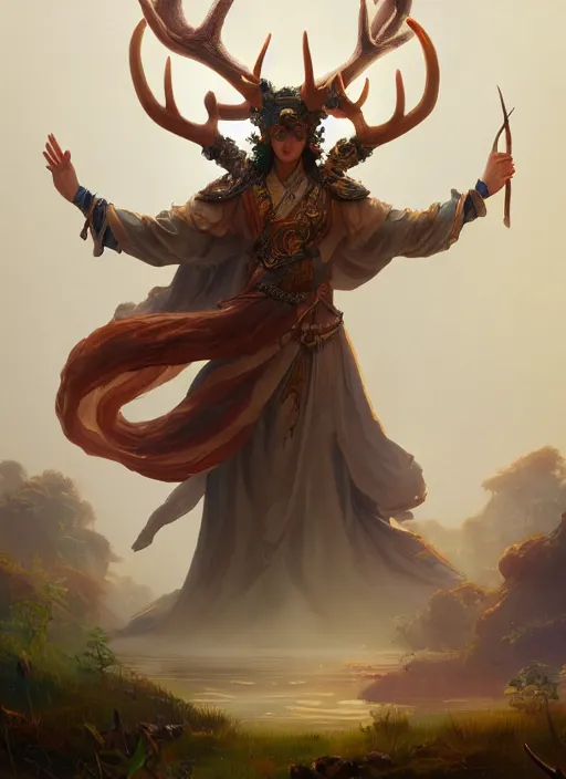 Image similar to Gigantic Deity with antlers and translucent mushrooms, extremly detailed digital painting, in the style of Fenghua Zhong and Ruan Jia and Jeremy Lipking and Peter Mohrbacher, rim light, beautiful lighting, mystical colors, 8k, stunning scene, raytracing, octane, trending on artstation