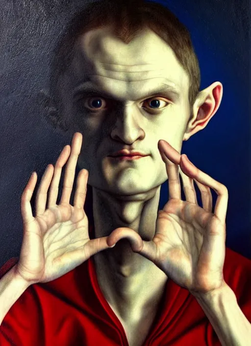Prompt: vitalik buterin in the style of leonora carrington, gottfried helnwein, raqib shaw, chiaroscuro intricate composition, blue light by caravaggio, insanely quality, highly detailed, masterpiece, red light, artstation