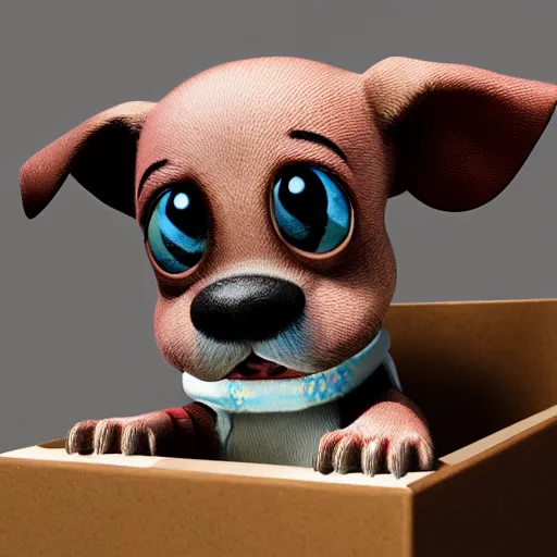 Prompt: dog character, in a box, small puppy, rich dog, high quality, 3 d render, dog in mountain, soft, concept art, intricate details, highly detailed, colorful, photorealistic, disney pixar, octane render, iridescent, anime, 8 k