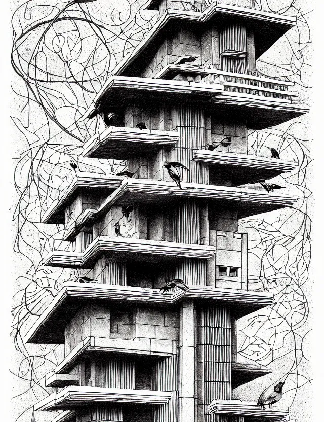 Image similar to detailed illustration of a frank lloyd wright inspired birdhouse, in the style of albrecht durer, with crows, intricate, moody, on paper