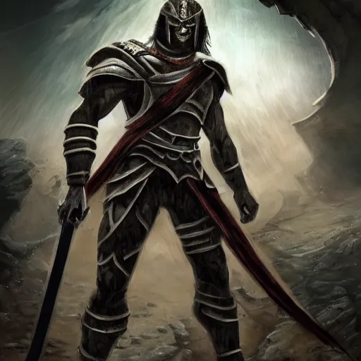 Image similar to the necro sword and of its might being held by a spartan from another planet, full body portrait, highdetailed,