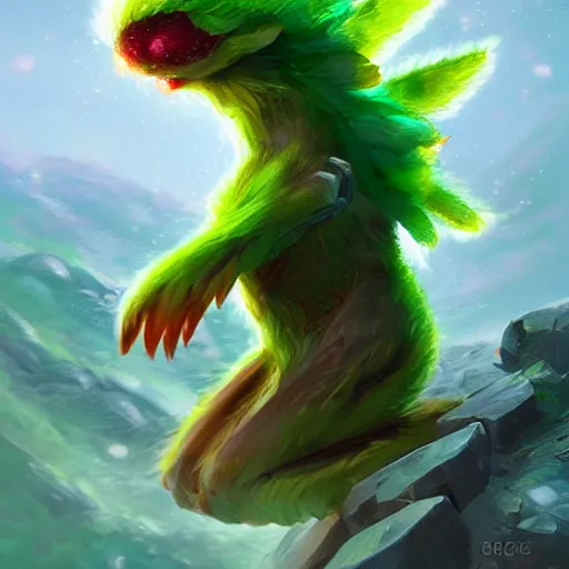 Image similar to a cute berry type pokemon, green feathers bursting out of his hair, highly detailed digital art, 3 d perspective, award - winning illustration, aesthetic, smooth, pokemon style, made by greg rutkowski, in an alien landscape