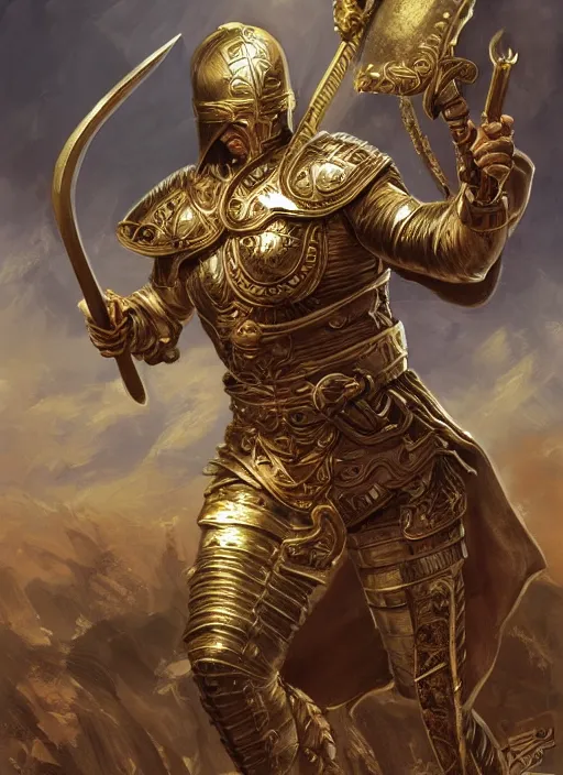 Image similar to strong gladiator holding legendary sword, fantasy, man, gilded shiny armour, intricate, highly detailed, digital painting, artstation, concept art, wallpaper, smooth, sharp focus, illustration, illumination, raytracting, art by larry elmore, jeff easley, clyde waldwell, keith parkinson, daniel r horne