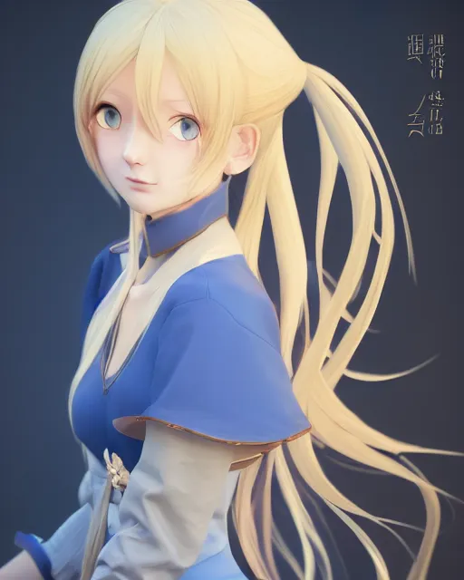 Prompt: Alice by Zeronis and Avetetsuya Studios and Andrew Khok and Yi Qiang Cao and Mitsu Art, Alicization, flowing blonde hair, anime, symmetrical face, blue eyes, elegant, sunset, trending on artstation, artstationHD, artstationHQ, patreon, 4k, 8k
