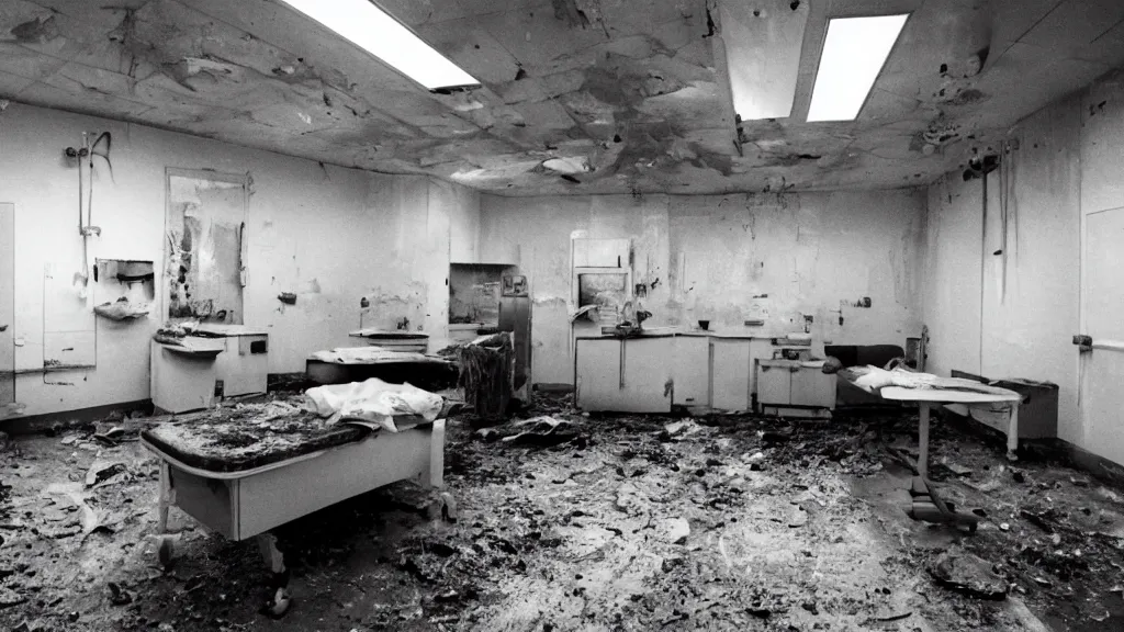 Image similar to photograph of interior view of a filthy, disused surgical room in a cursed hospital, unsanitary, dirty, contaminated, liminal, 35mm photo. Highly detailed, photographic, realistic, dramatic, cinematic