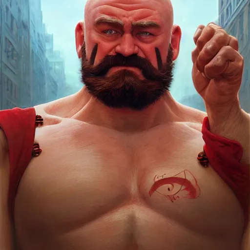 Prompt: david koechner as zangief from street fighter, spinning, ultra realistic, concept art, intricate details, eerie, highly detailed, photorealistic, octane render, 8 k, unreal engine. art by artgerm and greg rutkowski and magali villeneuve and alphonse mucha