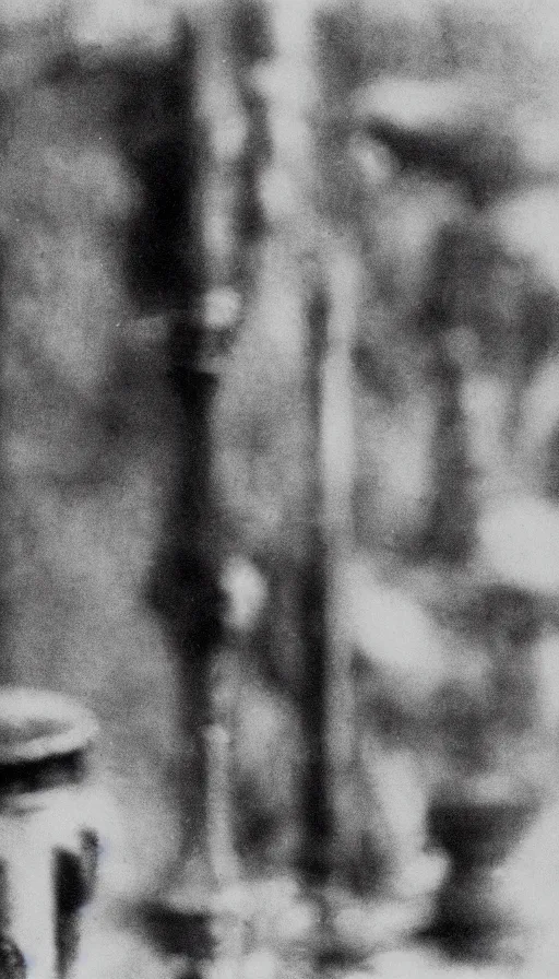 Image similar to an object on display in an ethnographic museum, film still, cinematic, out of focus, enhanced, 1 9 2 0 s, black and white, grain