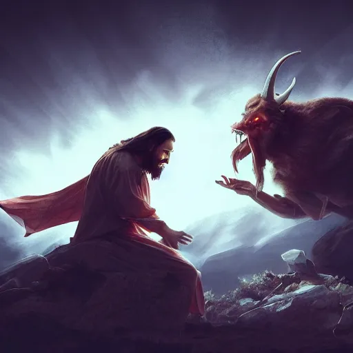 Image similar to Jesus fighting the devil, dynamic lighting, photorealistic concept art, trending on art station, stunning visuals, creative, cinematic, ultra detailed