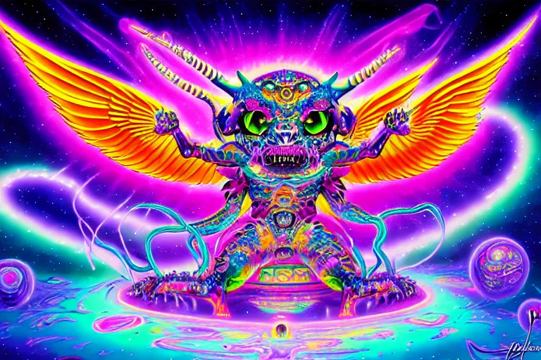 Image similar to lisa frank illustration of rebulon the ancient demon, painted by lisa frank, masterpiece concept art, 8 k, intricate detail, cinematic lighting, epic pose, bright colors