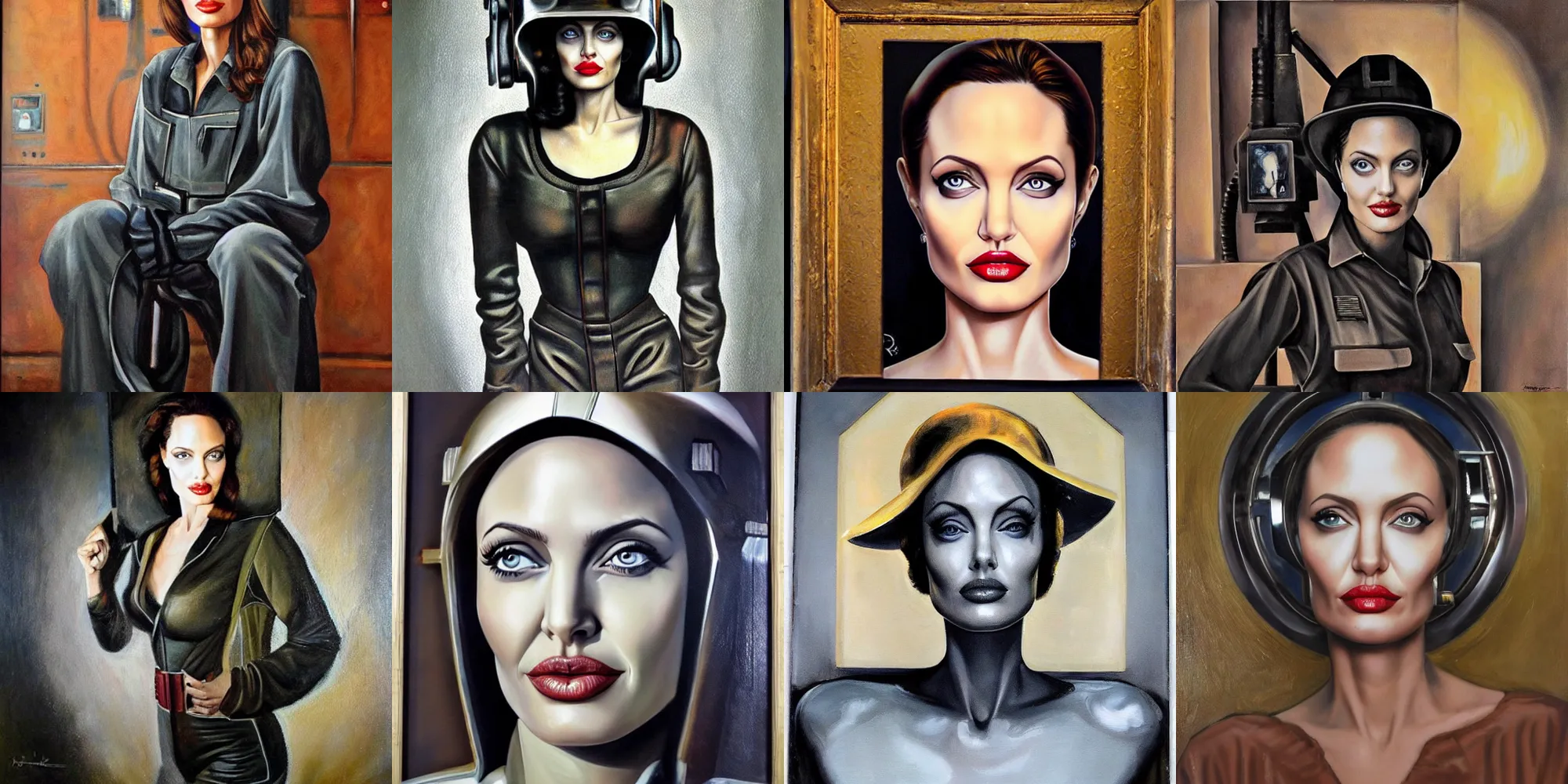 Prompt: symmetrical oil painting half - length portrait angelina jolie in steelworker welder costume by percevel rockwell coherent image, perfect symmetrical eyes - from 1 9 4 0 s
