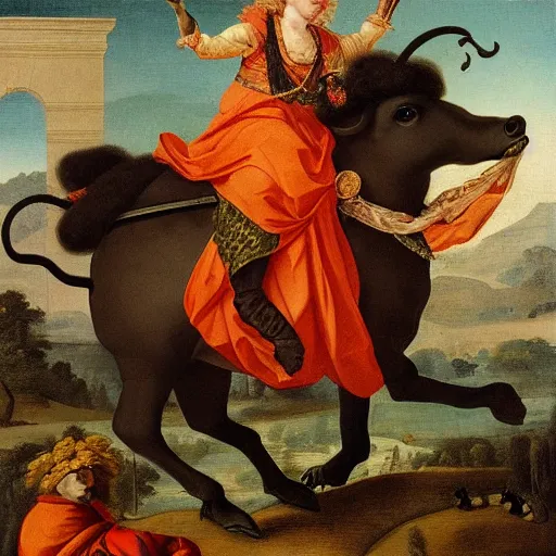 Image similar to black man with afro hair wearing an ( ( ( army green cloak ) ) ), riding an ( ( ( orange bull ) ) ), renaissance style painting