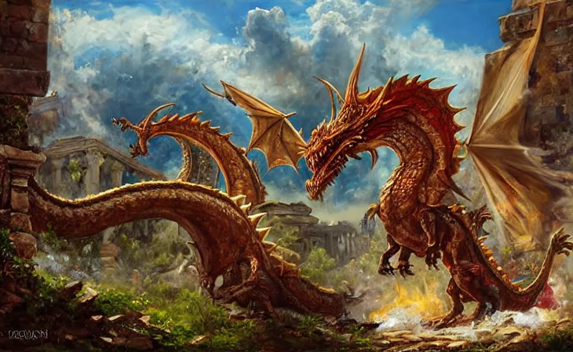 Prompt: Colossal dragon on ancient ruins. By Konstantin Razumov, highly detailded
