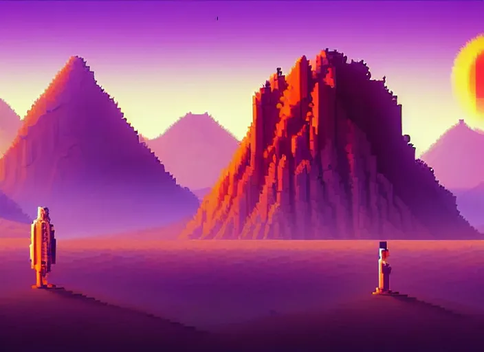 Image similar to detailed pixel art, science fiction pc game point - and - click adventure, daedalic entertainment, desert with city in the skyline, two suns, purple orange colors, sharp focus, illustration, highly detailed, digital painting, concept art, matte, art by wlop and artgerm and greg rutkowski, masterpiece