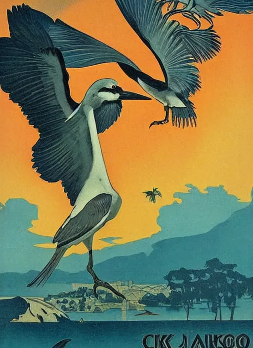 Prompt: a vintage art deco vacation poster for lake merritt in oakland depicting charles manson as a black crowned night heron with a smoky dark orange sky, by ernst haeckel, by alphonse mucha