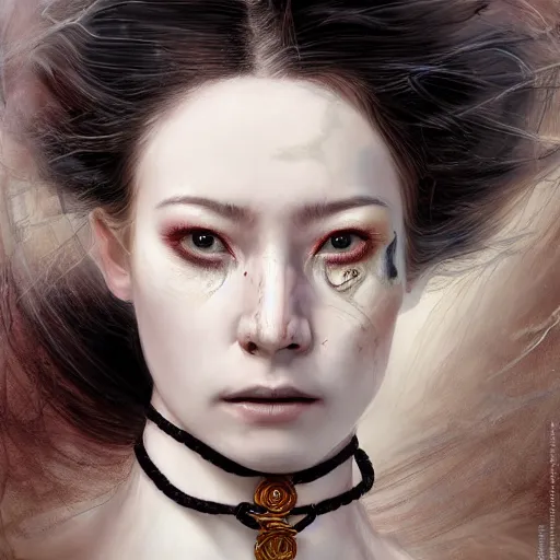 Image similar to portrait of a Shibari rope wrapped face and neck, headshot, insanely nice professional hair style, dramatic hair color, digital painting, of a old 13th century, traveler, amber jewels, baroque, ornate clothing, scifi, realistic, hyperdetailed, chiaroscuro, concept art, art by Franz Hals and Jon Foster and Ayami Kojima and Amano and Karol Bak,