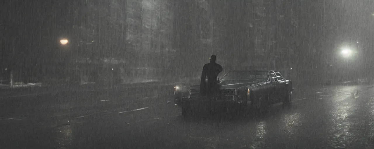 Image similar to A mysterious figure sitting in a black 1970's Cadillac DeVille with the headlights on, smoking a cigarette, parked on the side of the road in the city of New York while it is raining, by Stephen King, dark and dim, moody, sinister, cinematic lighting, 8k render, hyperrealistic