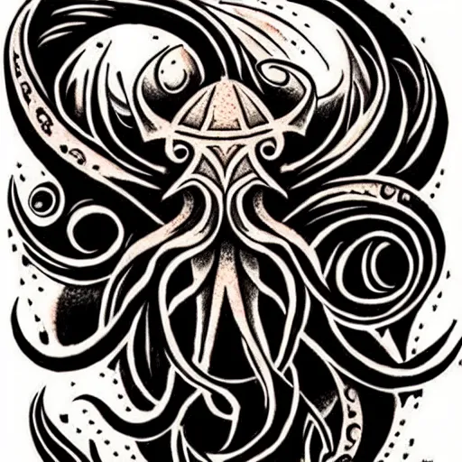 Image similar to american traditional abstract tattoo art of cthulhu playing praying, sheet paper