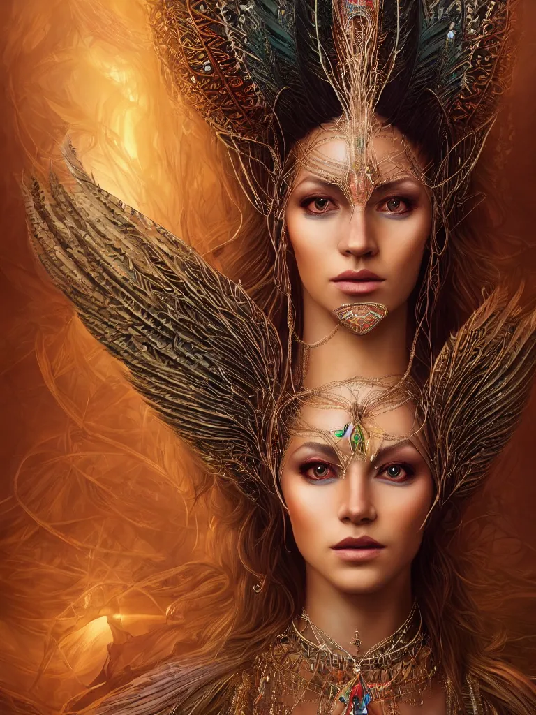 Prompt: a centered render of a single alluring mystical tribal goddess adorned with feathers and gemstones and cables and synthesizer parts is surrounded by sacred geometry made from elven architecture, full body, gorgeous, perfect face, powerful, cinematic, beautifully lit, by artgerm, by karol bak, 3 d, trending on artstation, octane render, 8 k