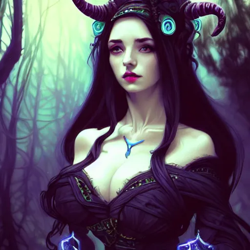 Image similar to wide angle, necromancer tiefling, blue dress, jeweled horns, focused, forest, female, d & d, fantasy, intricate, elegant, highly detailed, long black hair, digital painting, artstation, octane render, concept art, matte, sharp focus, illustration, hearthstone, art by artgerm, alphonse mucha johannes voss